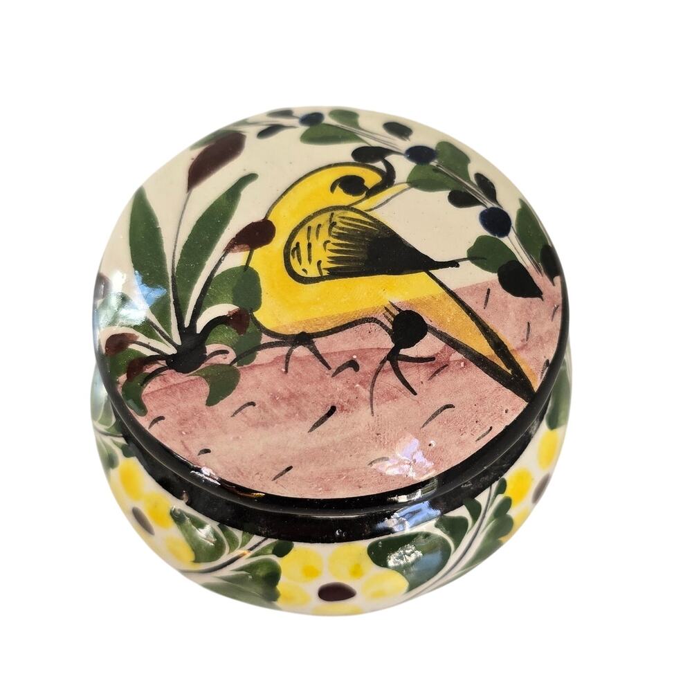 Vintage Tonala Mexico Small Covered Ceramic Trinket Box Yellow Bird Floral Boho